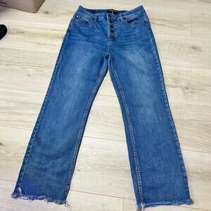 Kenneth Cole, dark wash button fly high rise straight leg jeans, size 6/28
